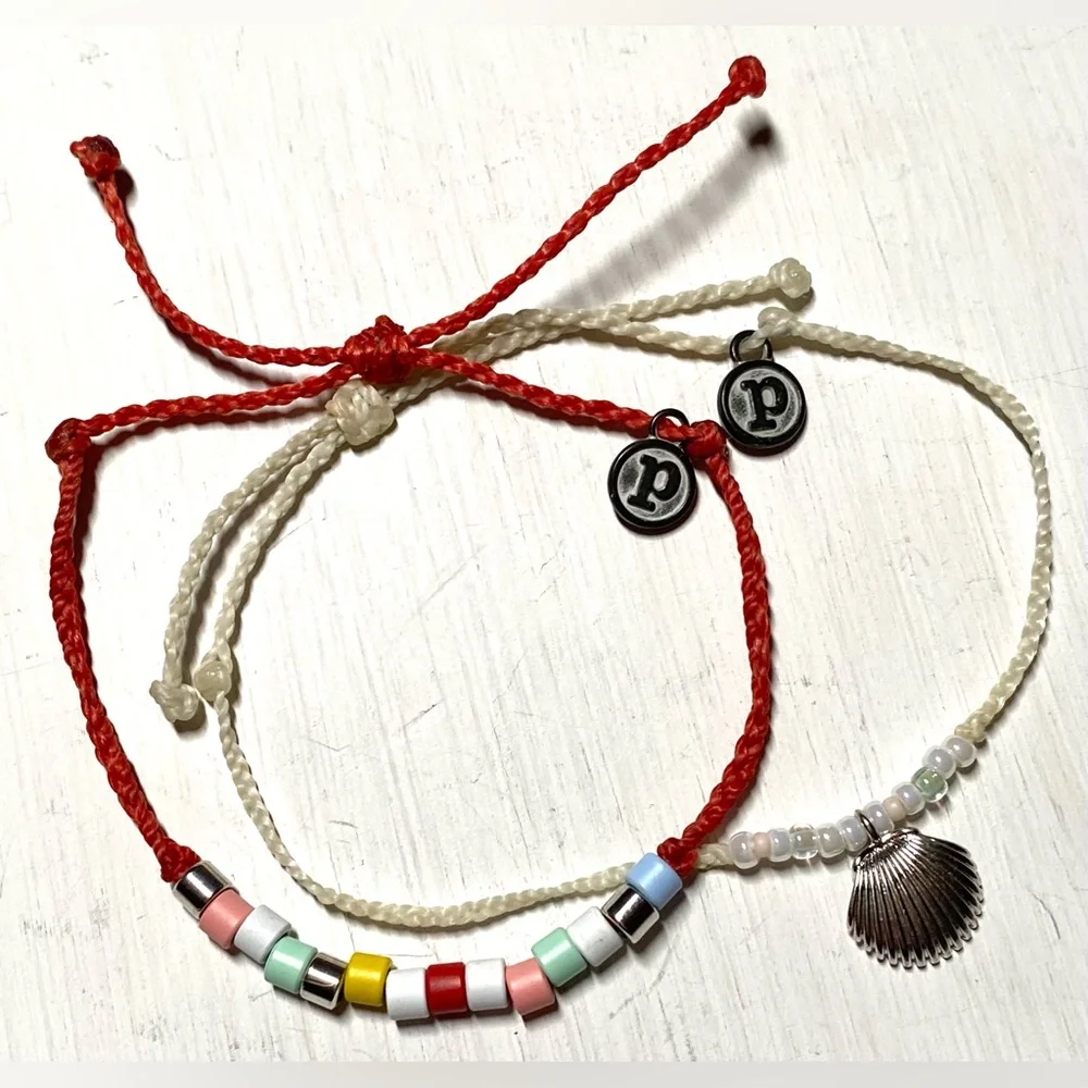 PuraVida Cream Red Braided Beaded Shell Charm String Bracelets Boho Y2K Festival